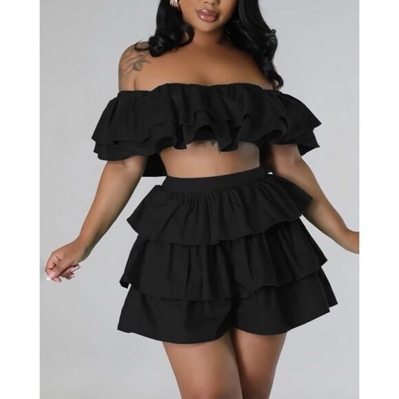 New Uni Clau Two Piece Summer Outfits for Women Sexy Ruffle Off Shoulder Crop To - Picture 1 of 8
